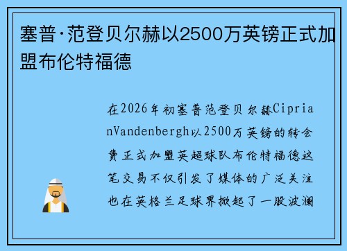塞普·范登贝尔赫以2500万英镑正式加盟布伦特福德